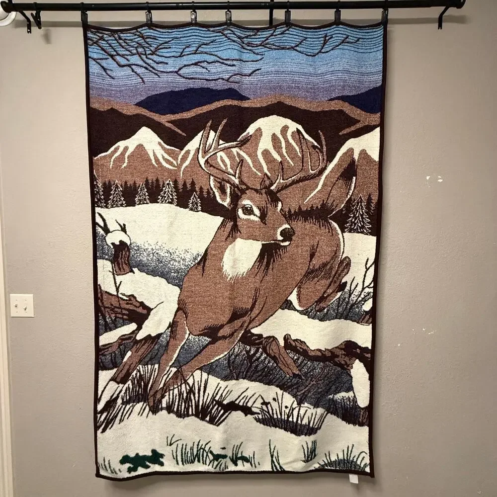 Vtg Biederlack Deer running in snow throw blanket - brown white log cabin 80x52